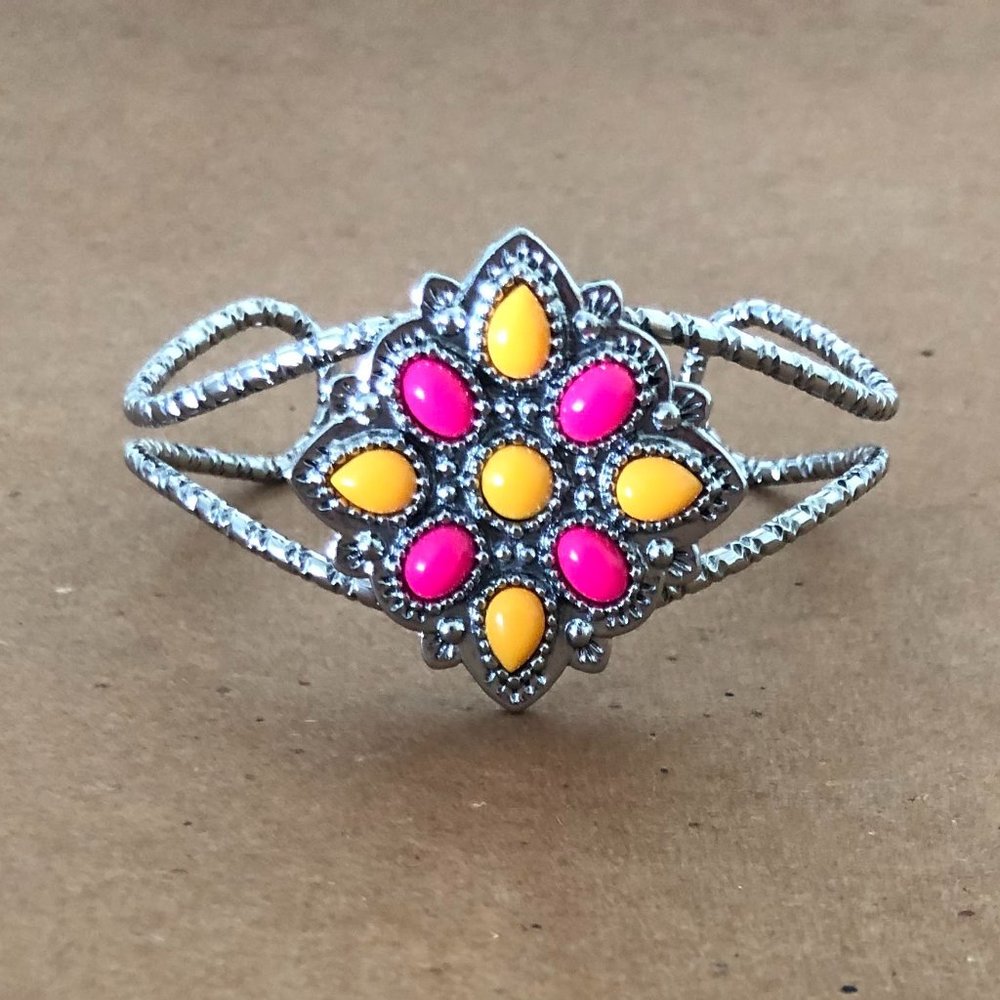 Paparazzi silver, pink, and orange bracelet